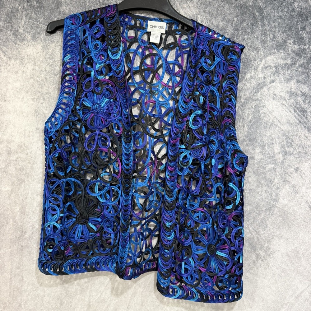 Chico’s Size 2 Women Blue Purple Black 100% Silk Open Front Floral Cutout Vest